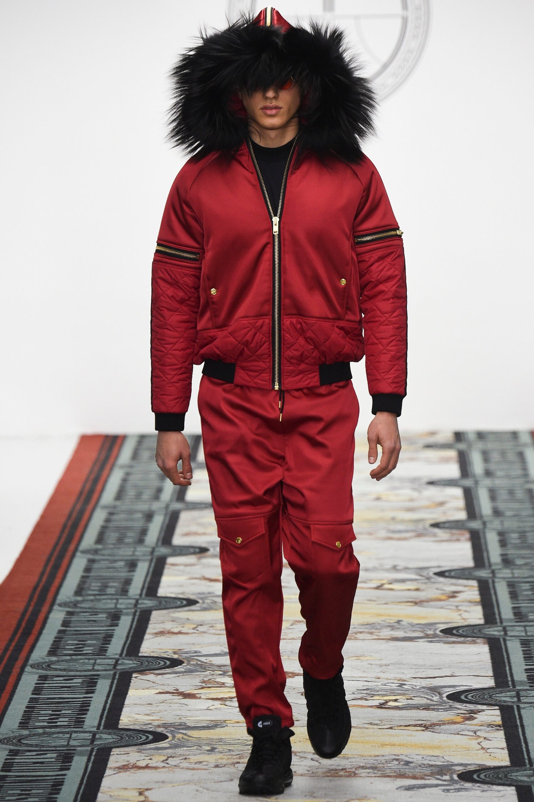 red faux-fur long-sleeve hooded fitted zippered pockets jacket