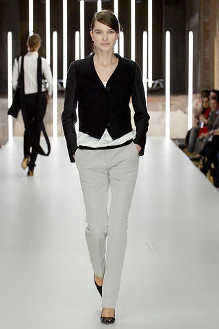 black blazer white shirt gray pants