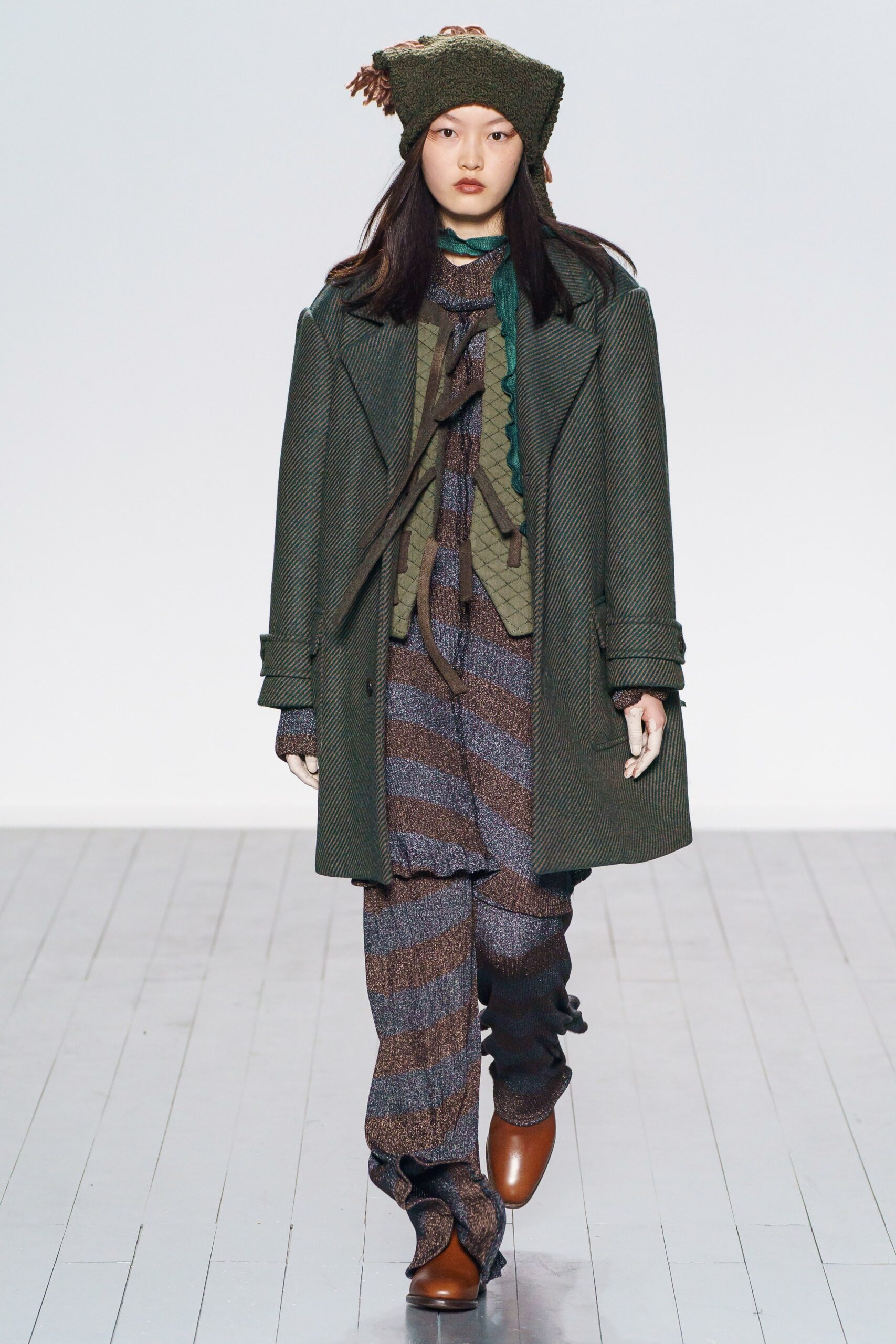 green wool coat with striped dress