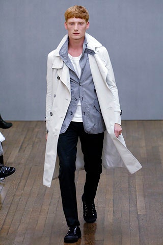 white trench coat gray blazer black pants