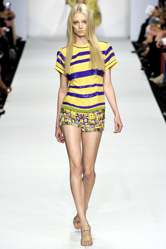 yellow silk short-sleeve scoop-neck fitted striped sequined top