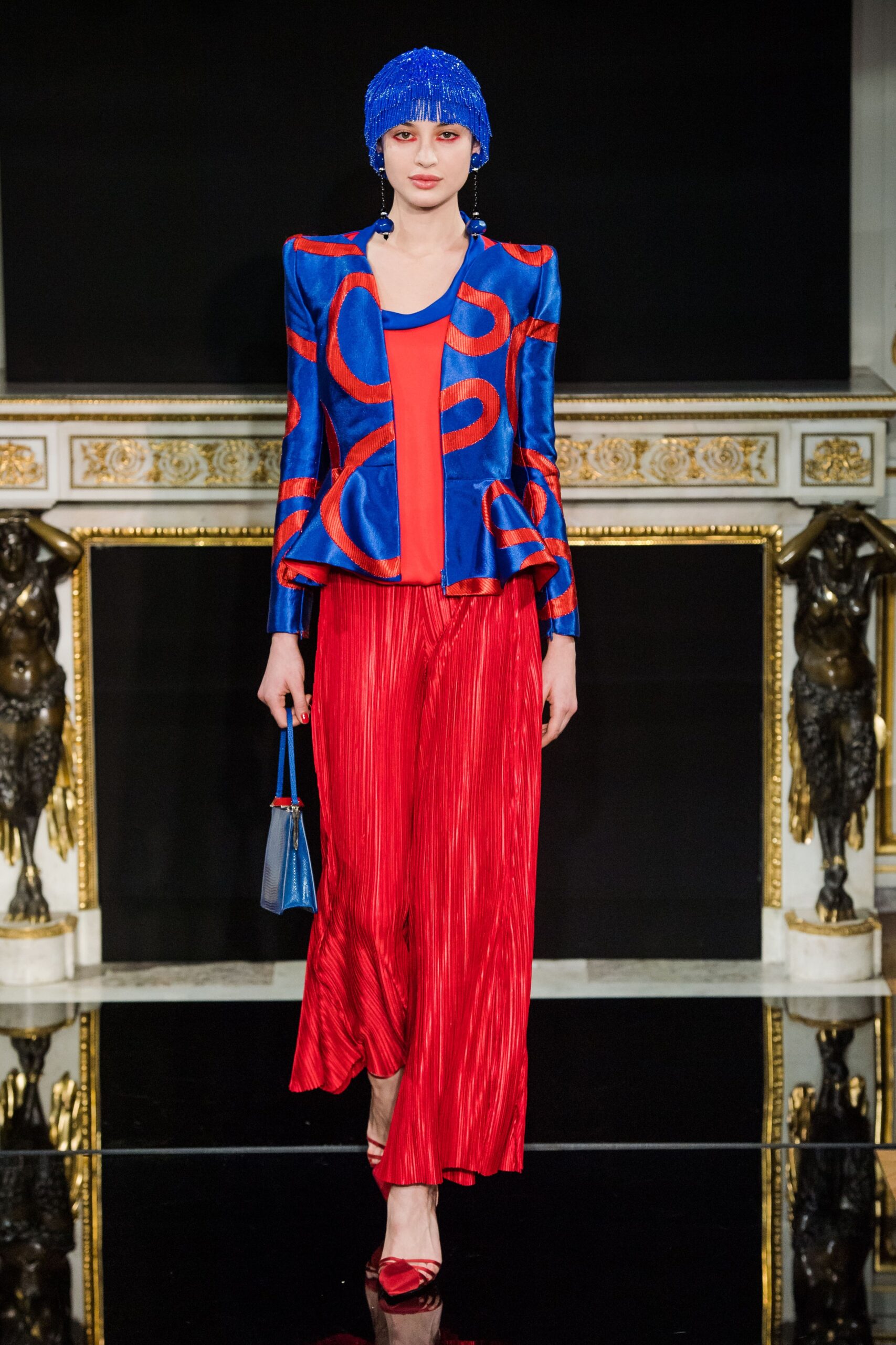 blue and red fashion ensemble
