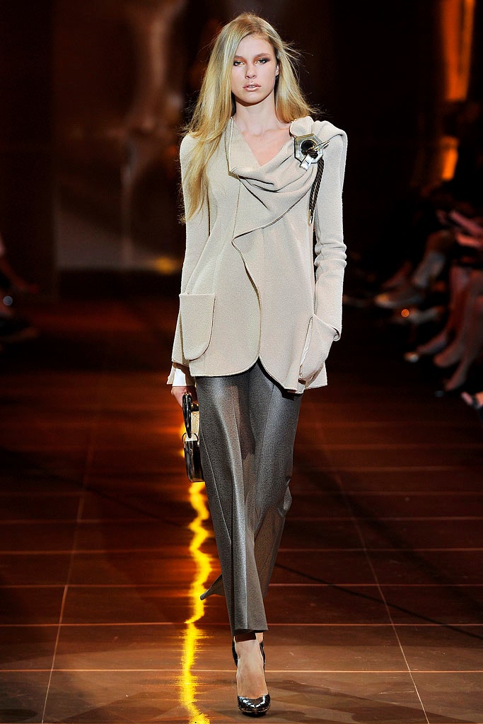 beige silk long-sleeve collared fitted draped pockets blazer