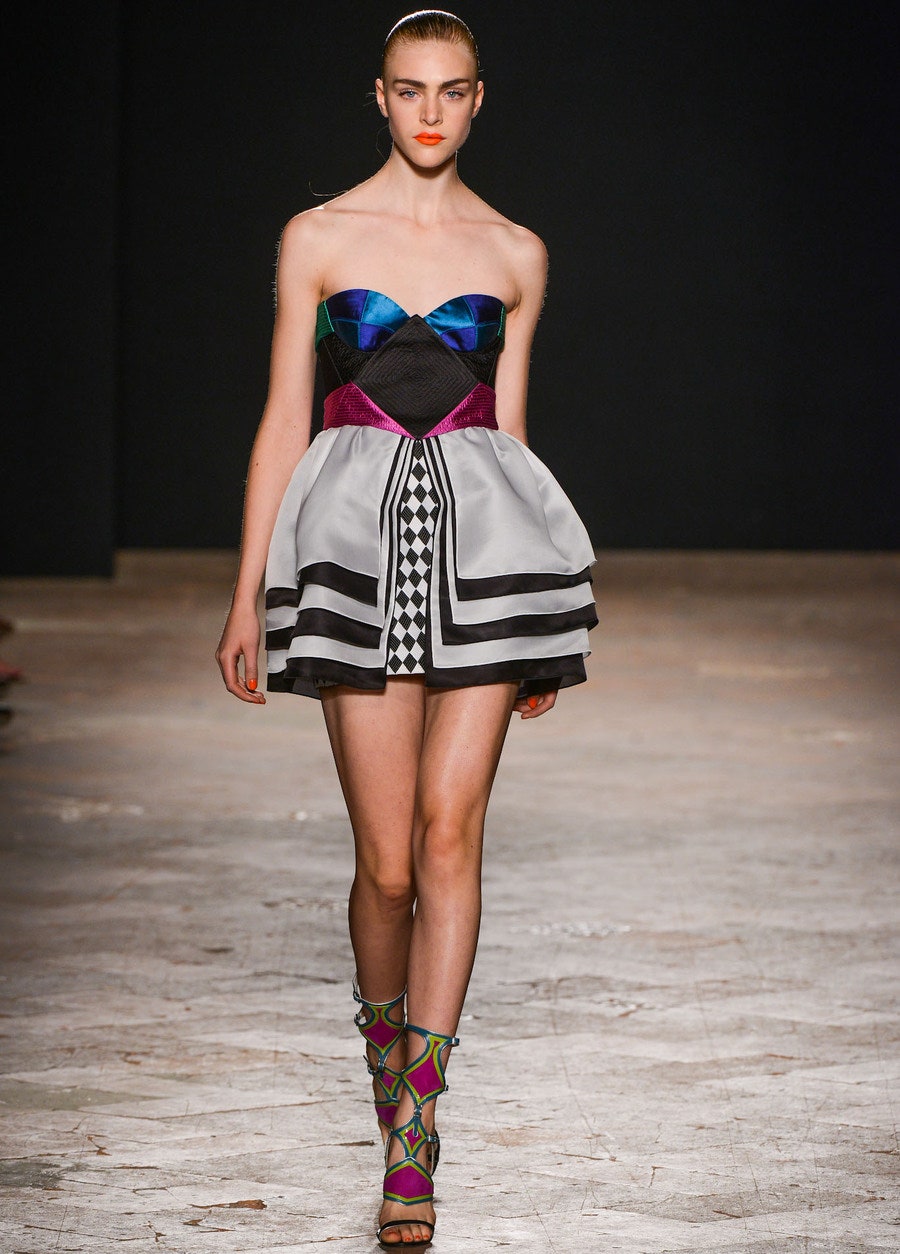 multi silk strapless fitted pleated color-blocked mini dress