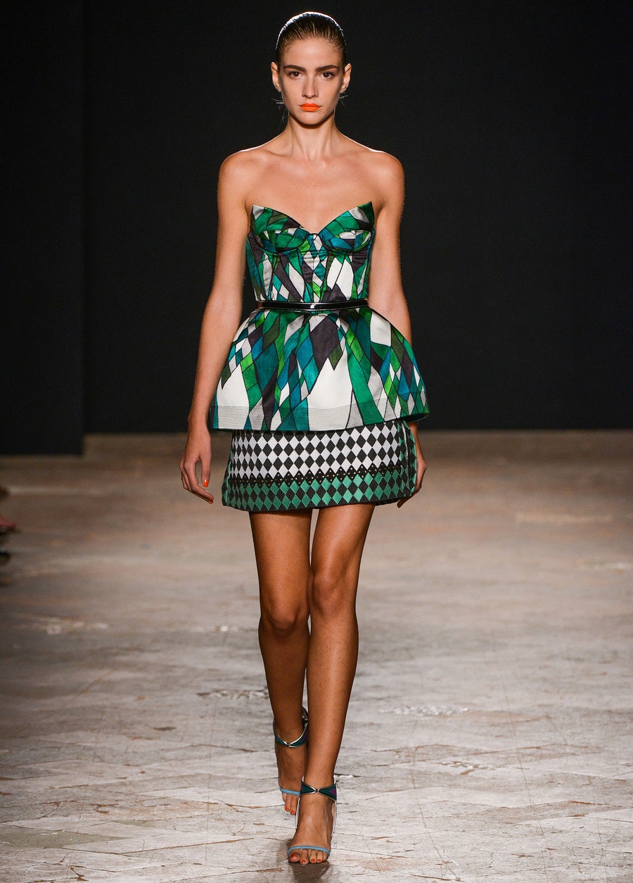 green strapless pleated mini dress