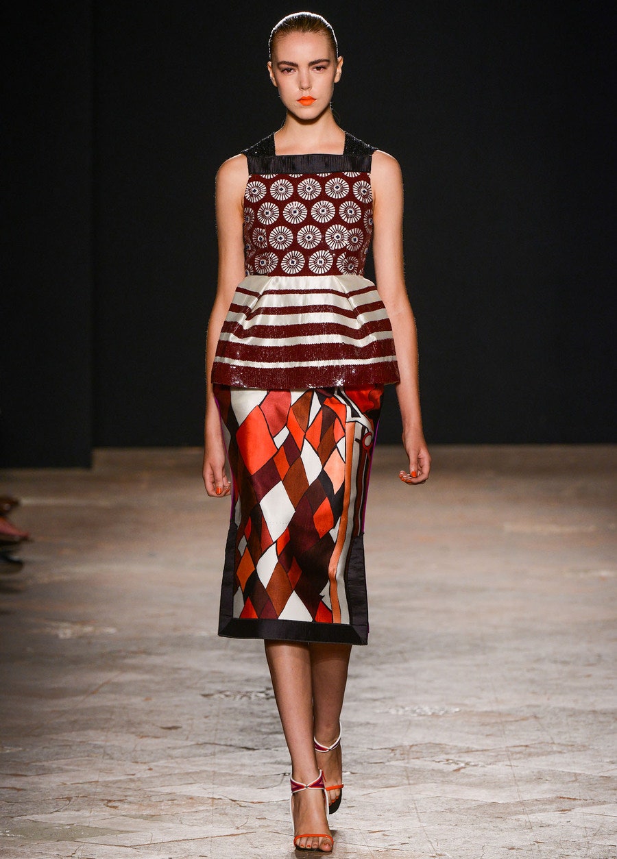 red sequin sleeveless high-neck fitted pleated layered top