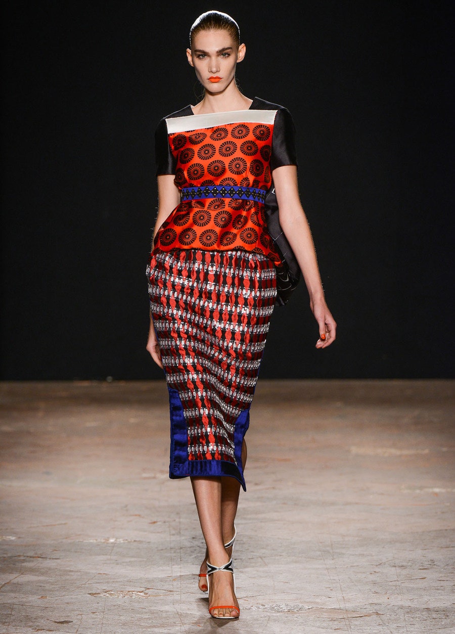 red and blue printed midi dress