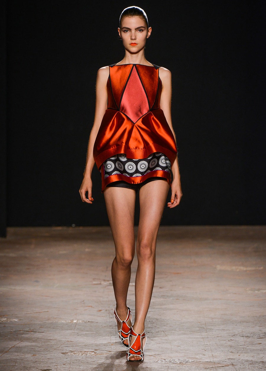 red silk sleeveless high-neck fitted pleated color-blocked top