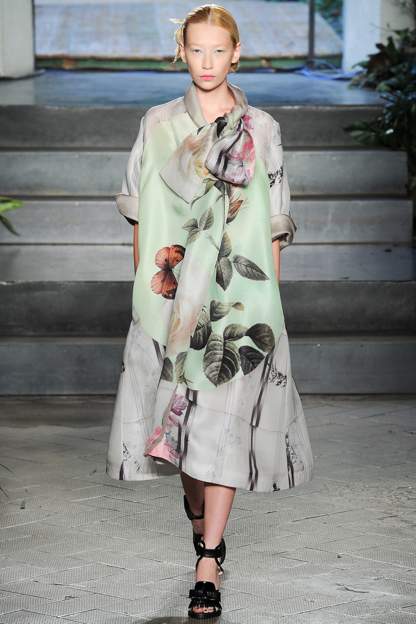 green silk long-sleeve collared relaxed printed midi dress