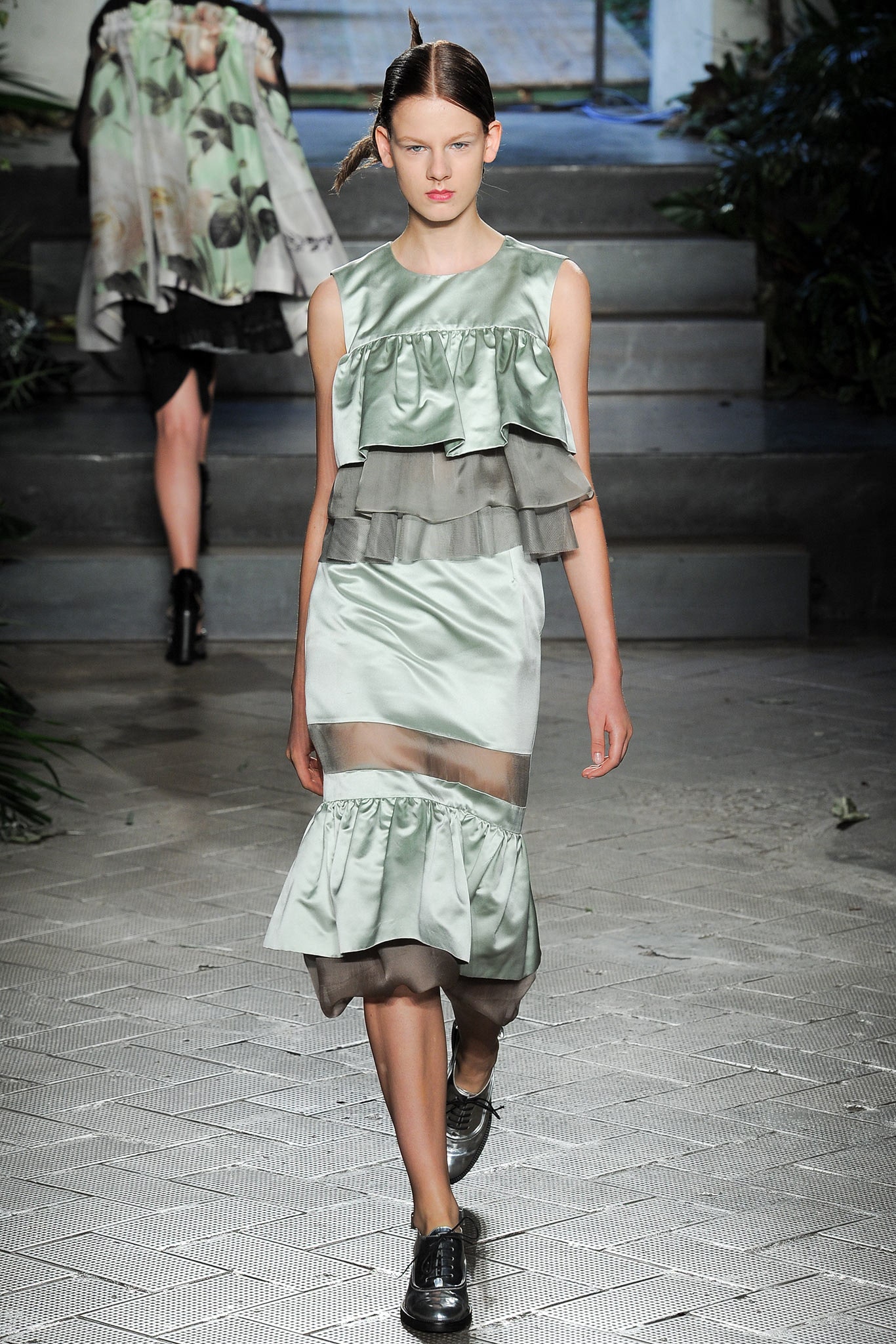 green ruffled midi dress