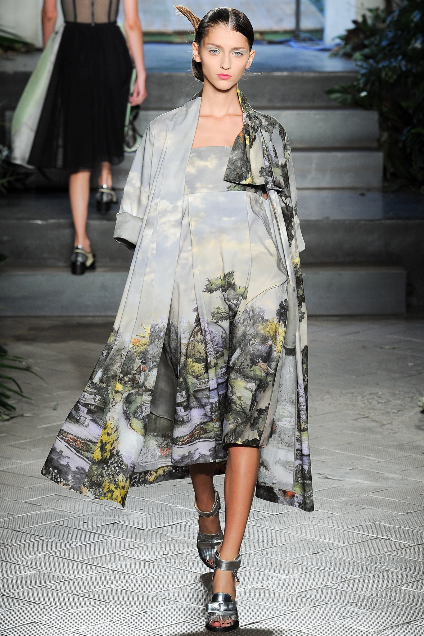 gray silk sleeveless v-neck fitted layered printed dress