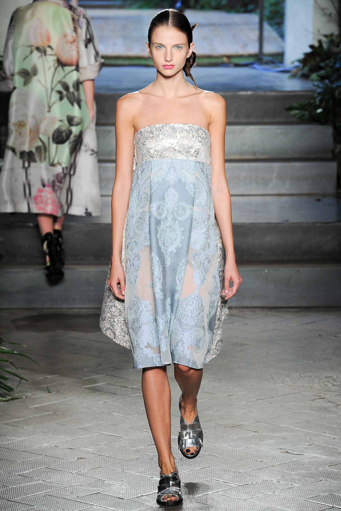 blue embroidered strapless dress