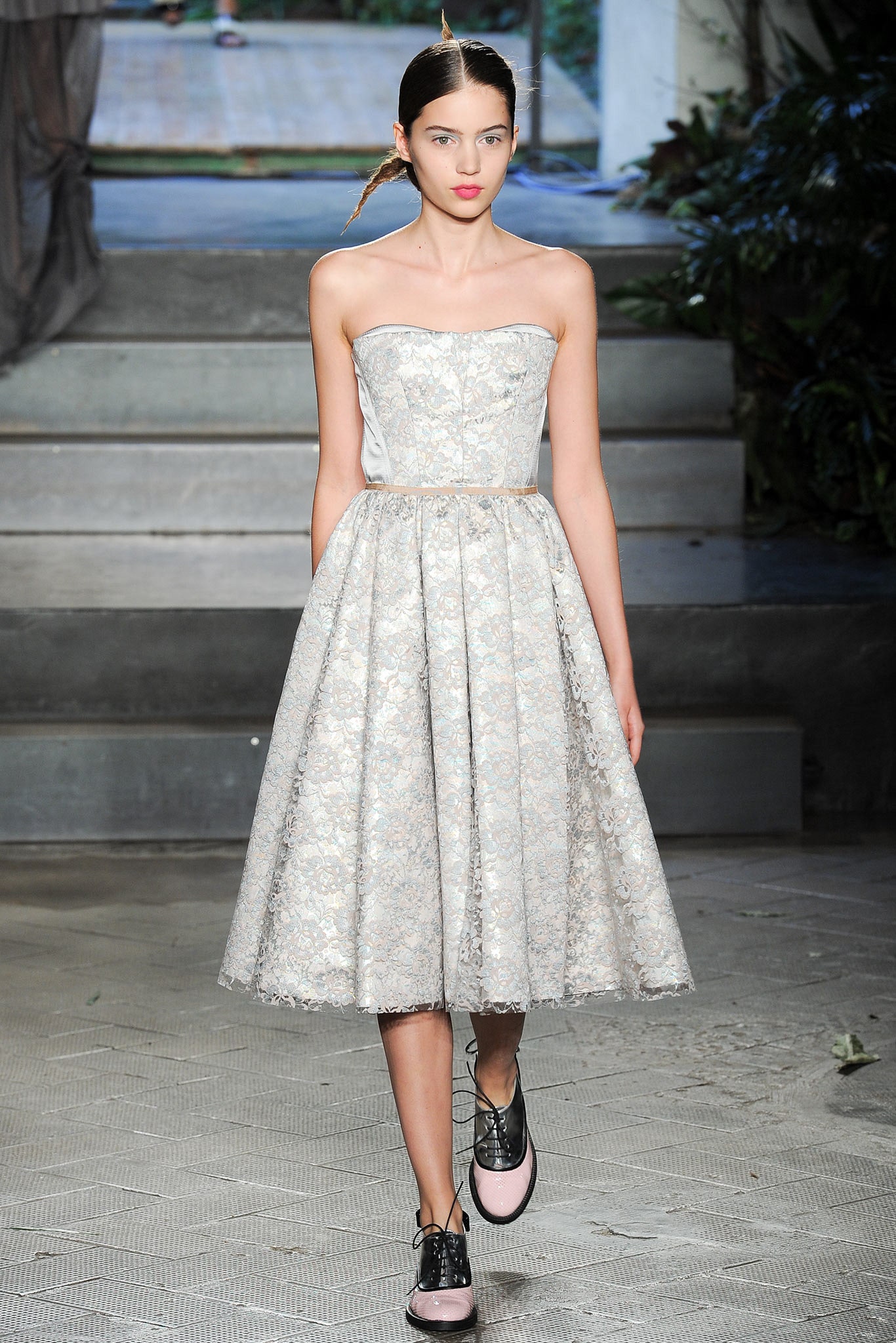 gray lace strapless dress