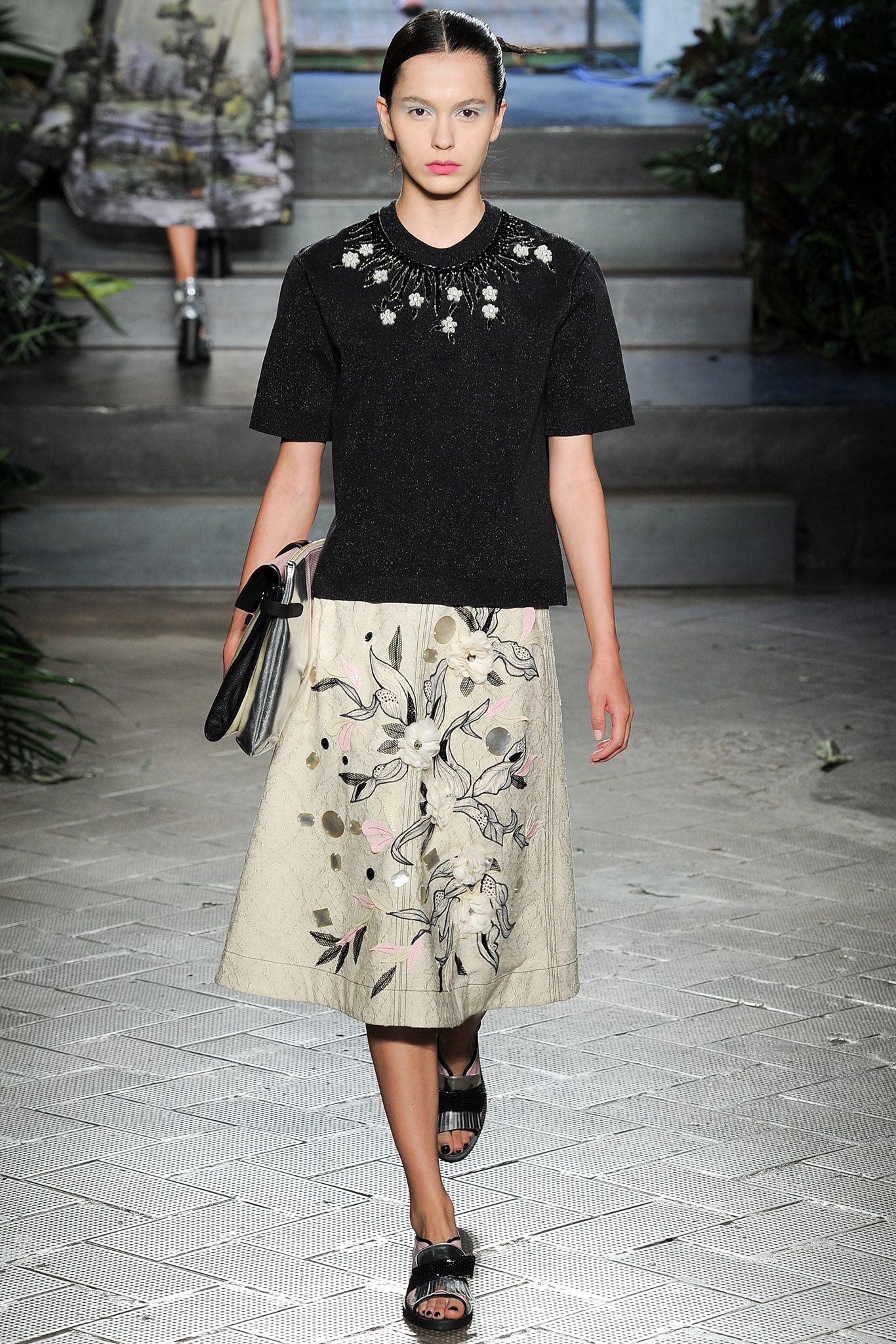 beige silk fitted flared printed midi skirt