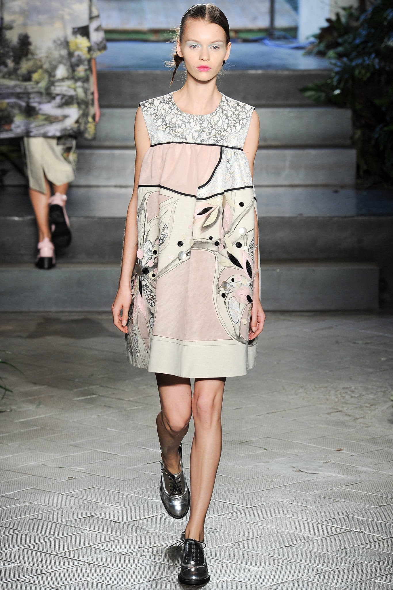 pink beige embroidered mini dress