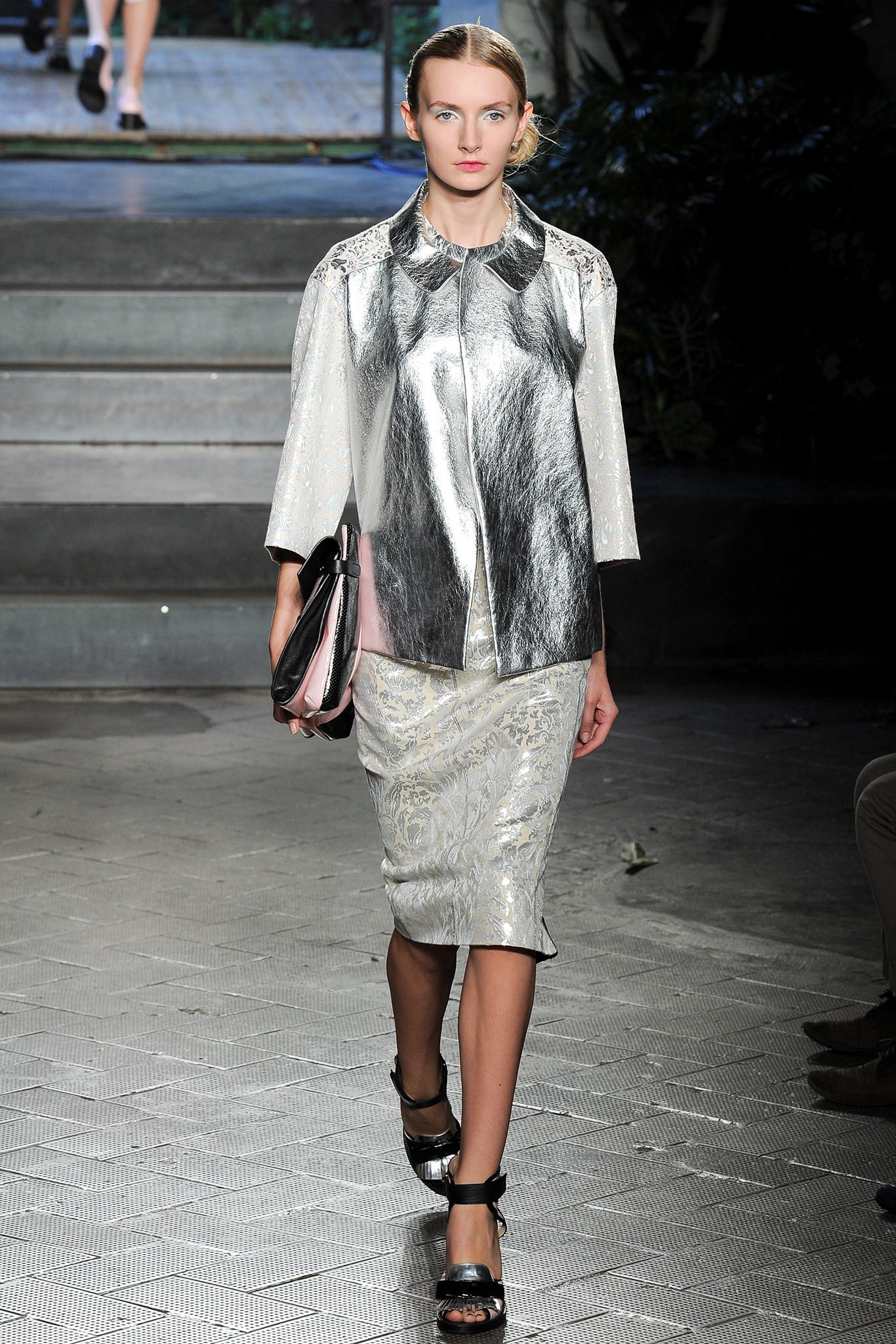silver silk blouse and pencil skirt