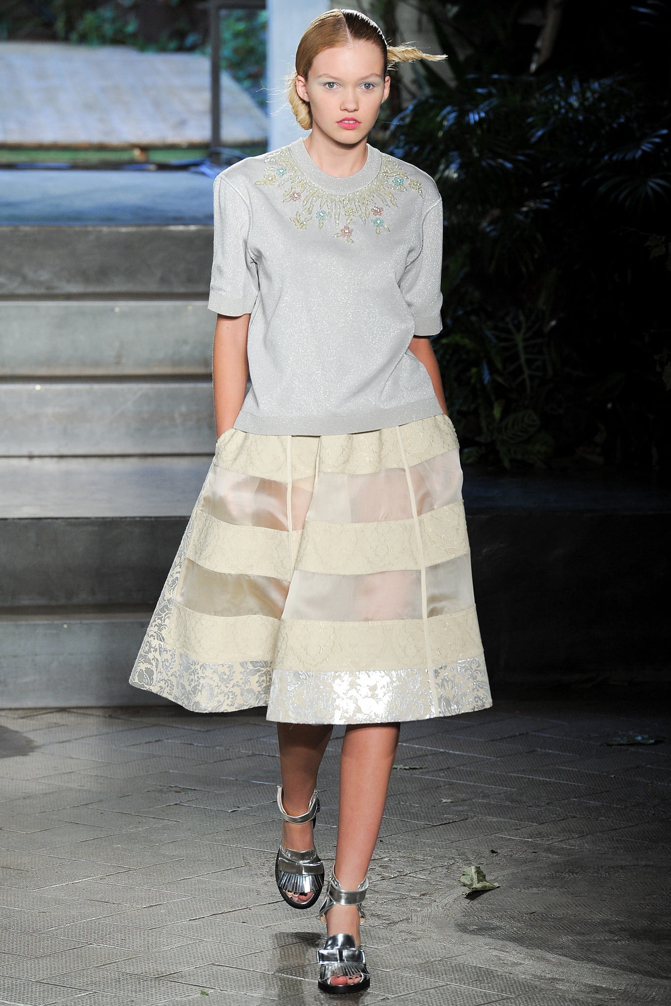 gray silk short-sleeve collared relaxed embellished top