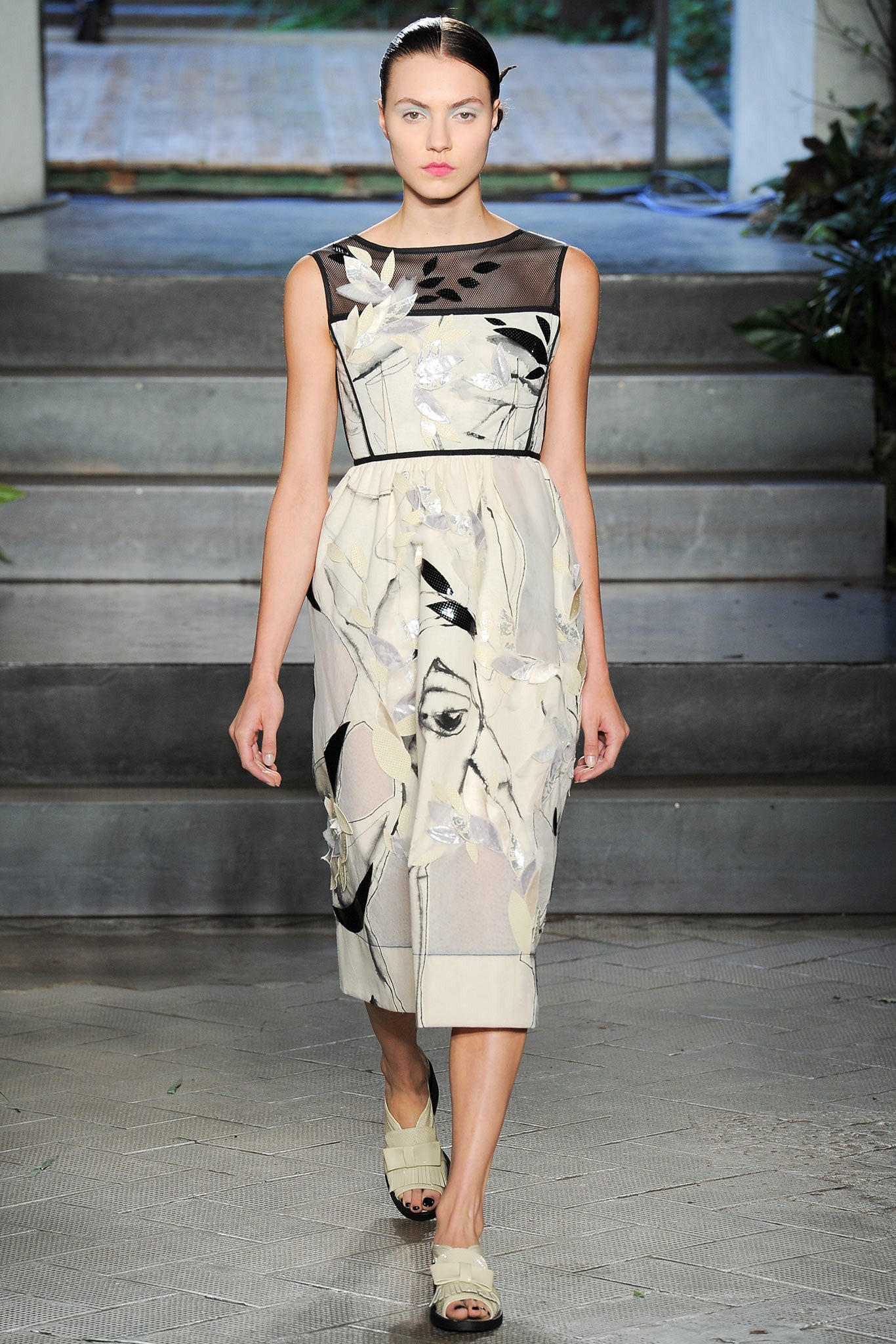 beige embroidered midi dress