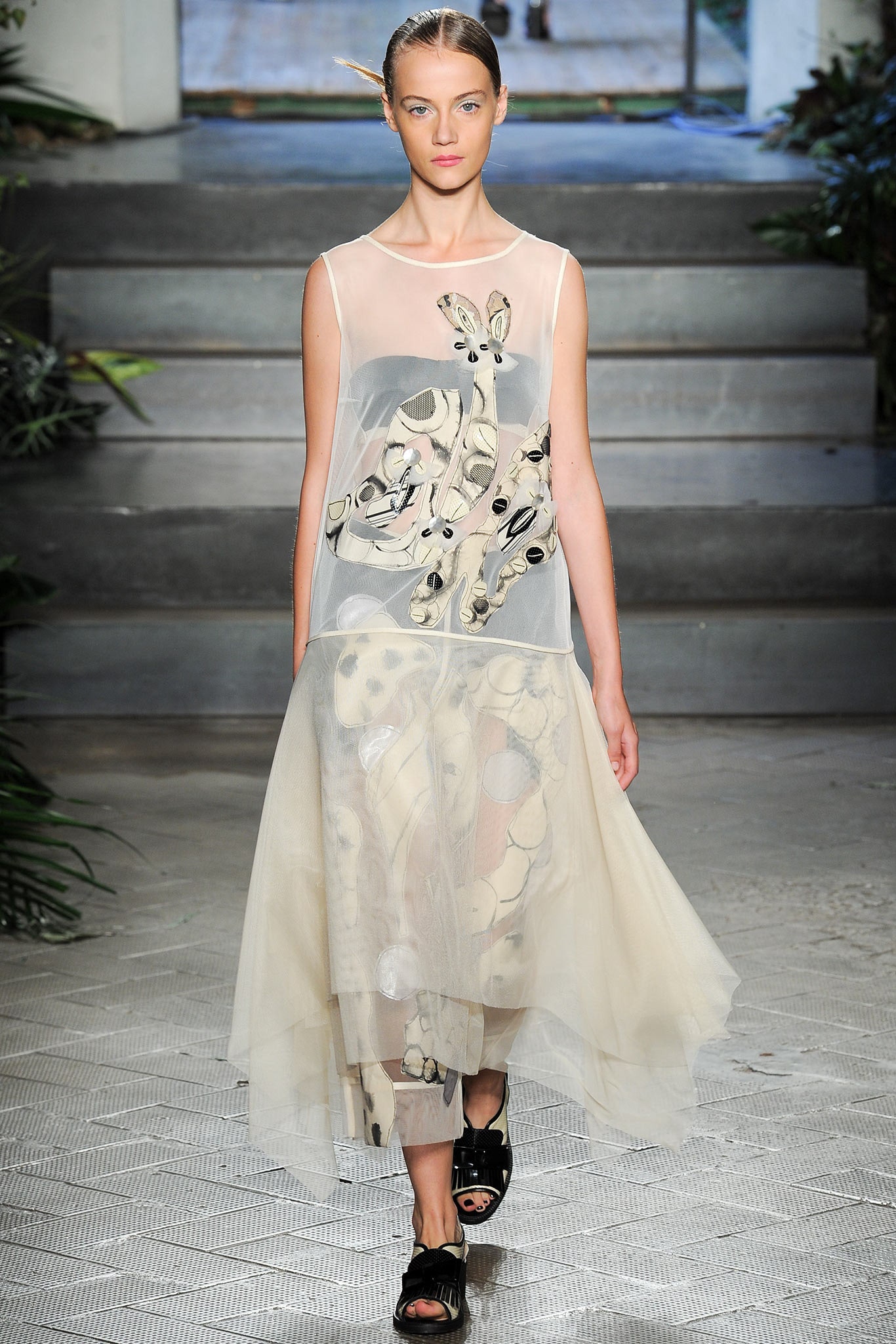 beige embroidered sleeveless dress