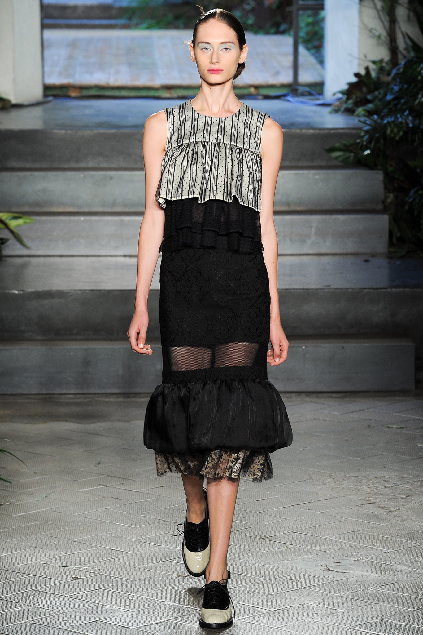 black mesh long-sleeve fitted pleated sheer midi skirt