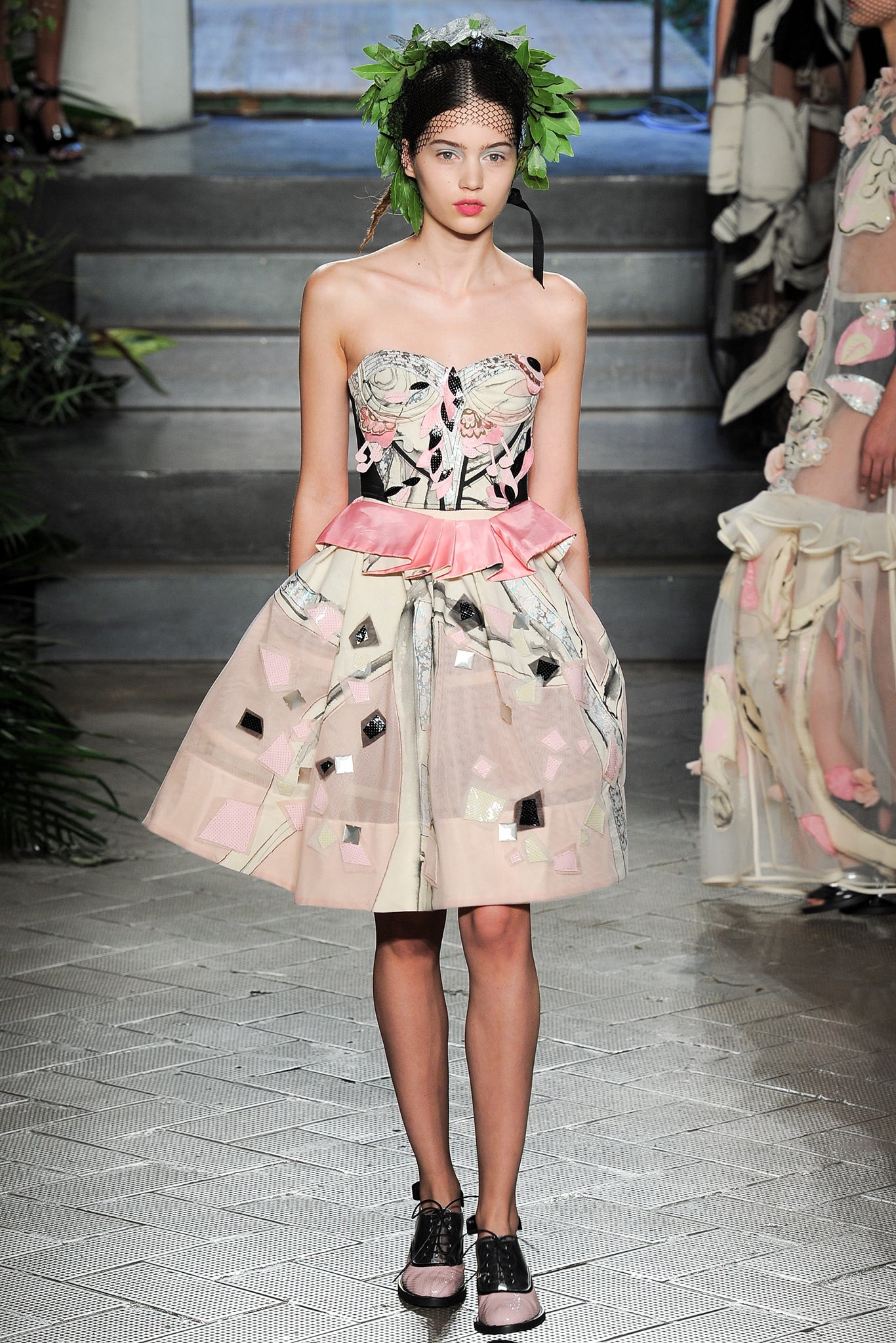 pink multi-layered strapless dress