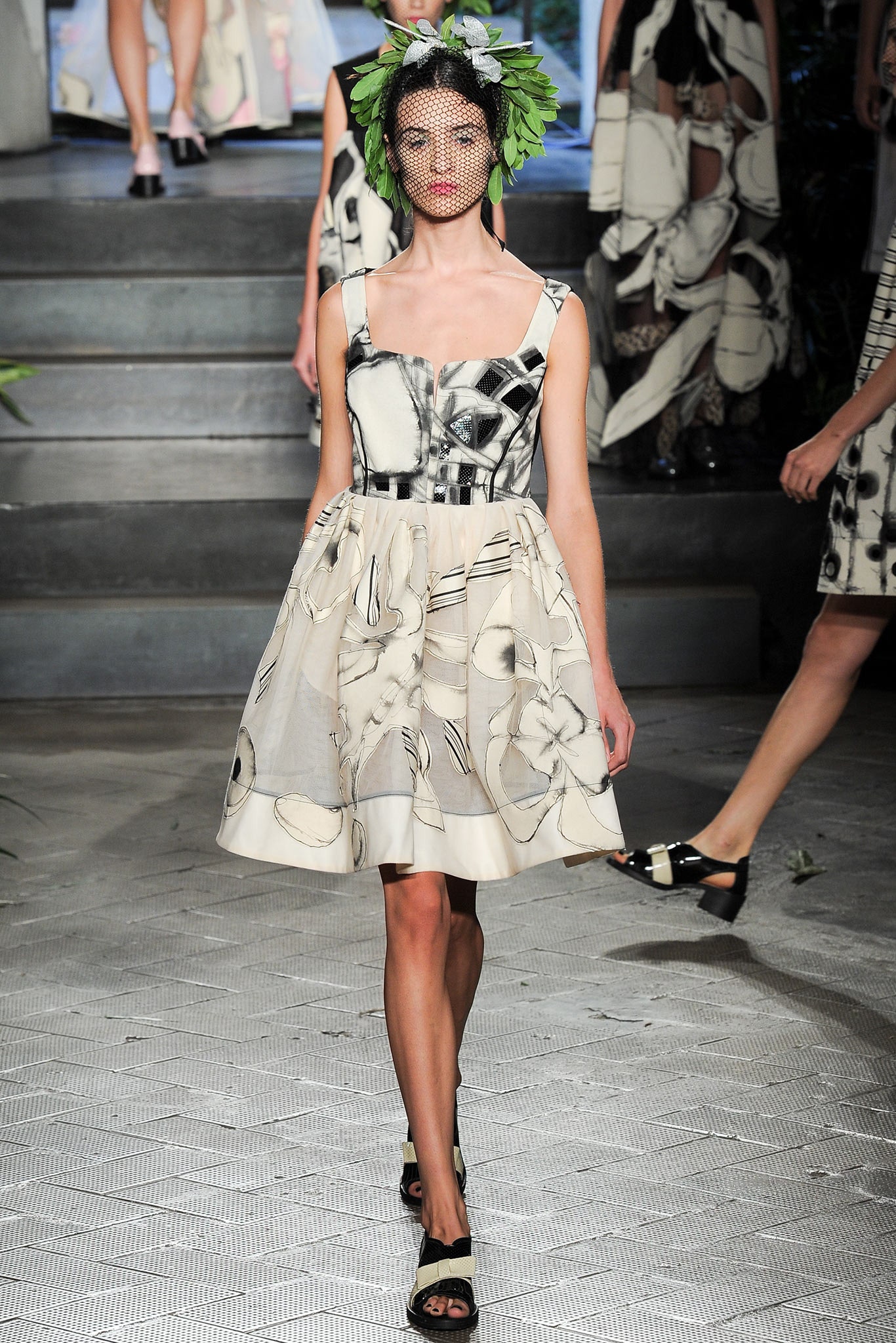 white and black printed mini dress