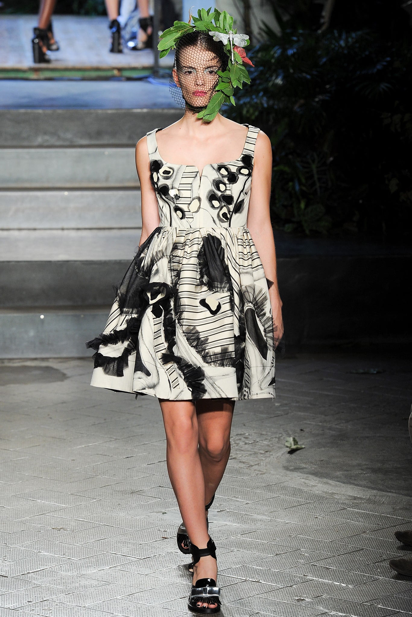 white and black printed mini dress