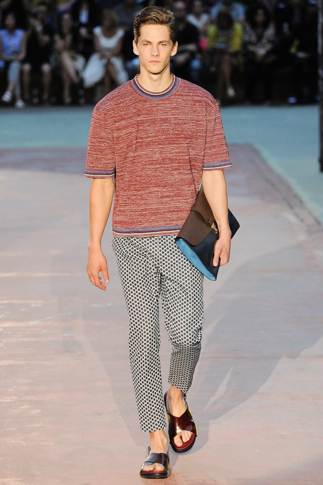 red striped top with printed pants
