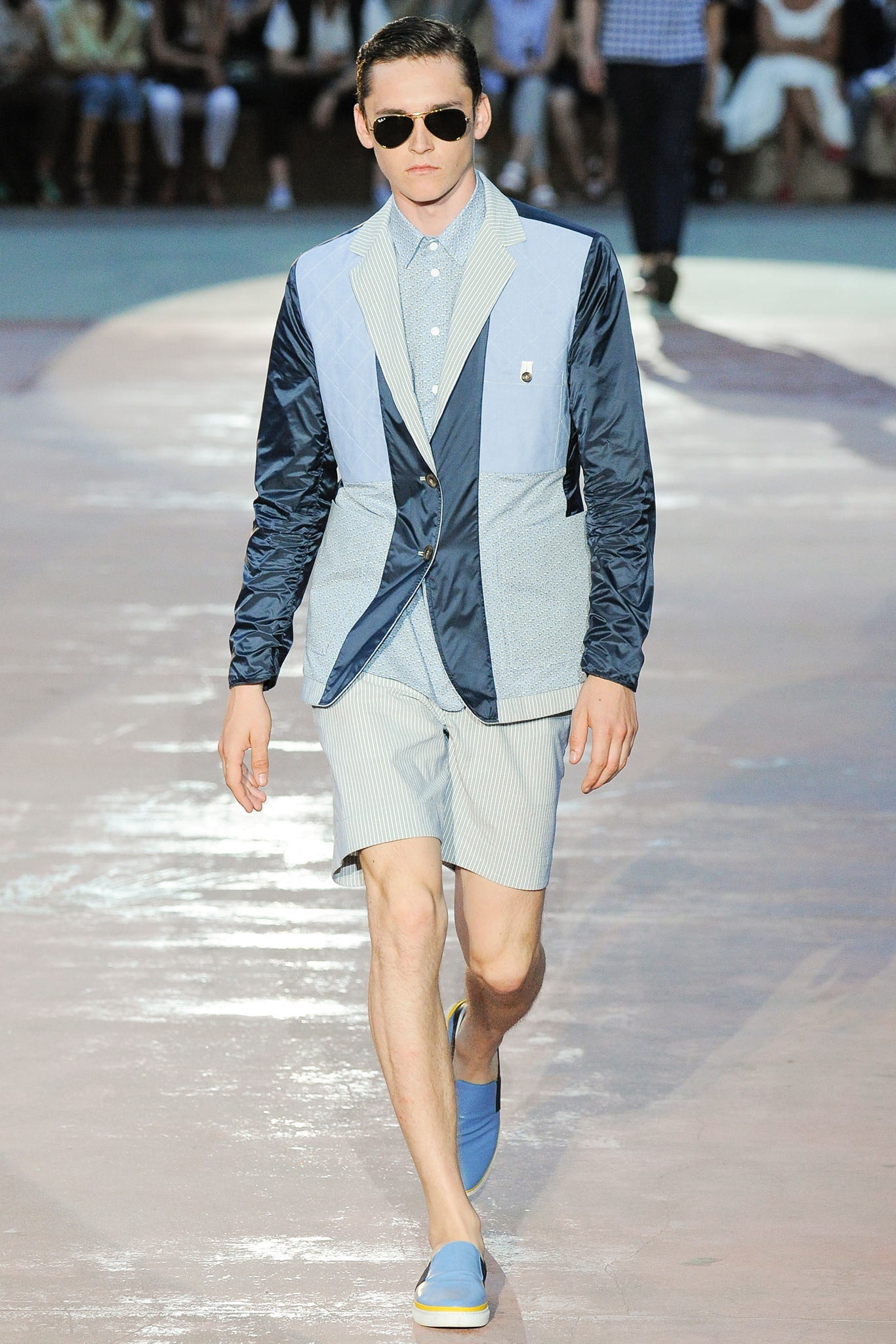 blue tailored blazer with shorts