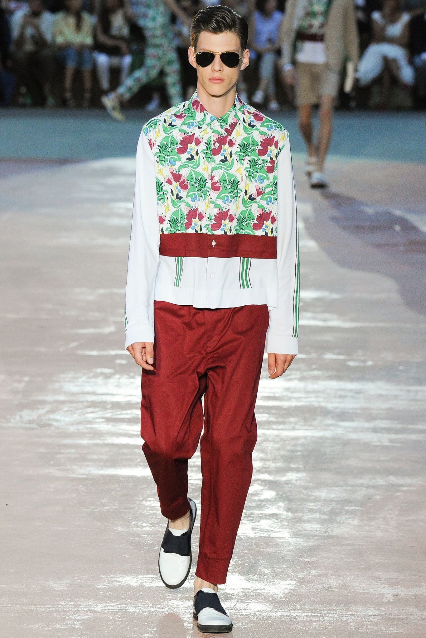 white multi-printed shirt with red pants