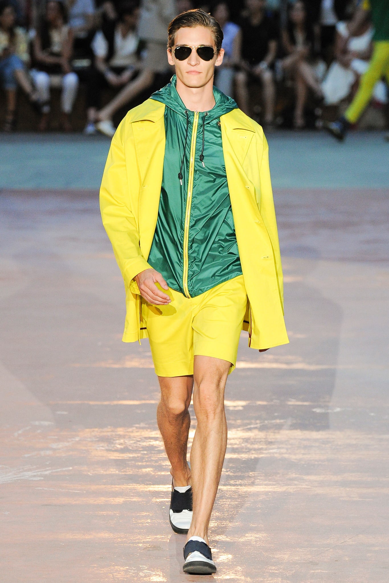 green vinyl jacket yellow coat