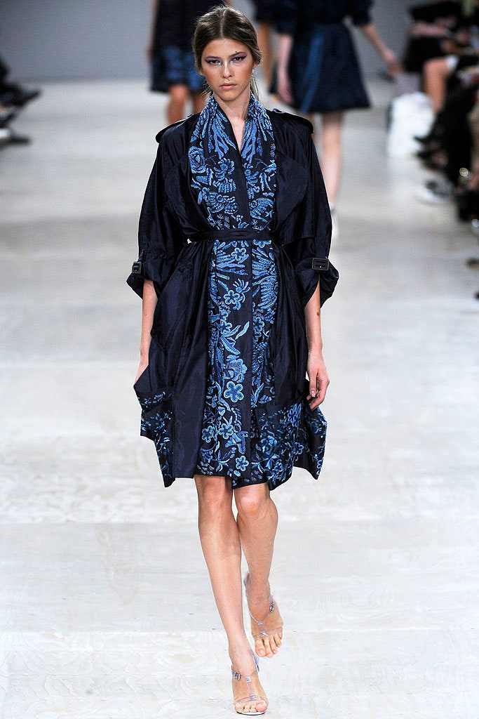 blue silk midi dress with black coat