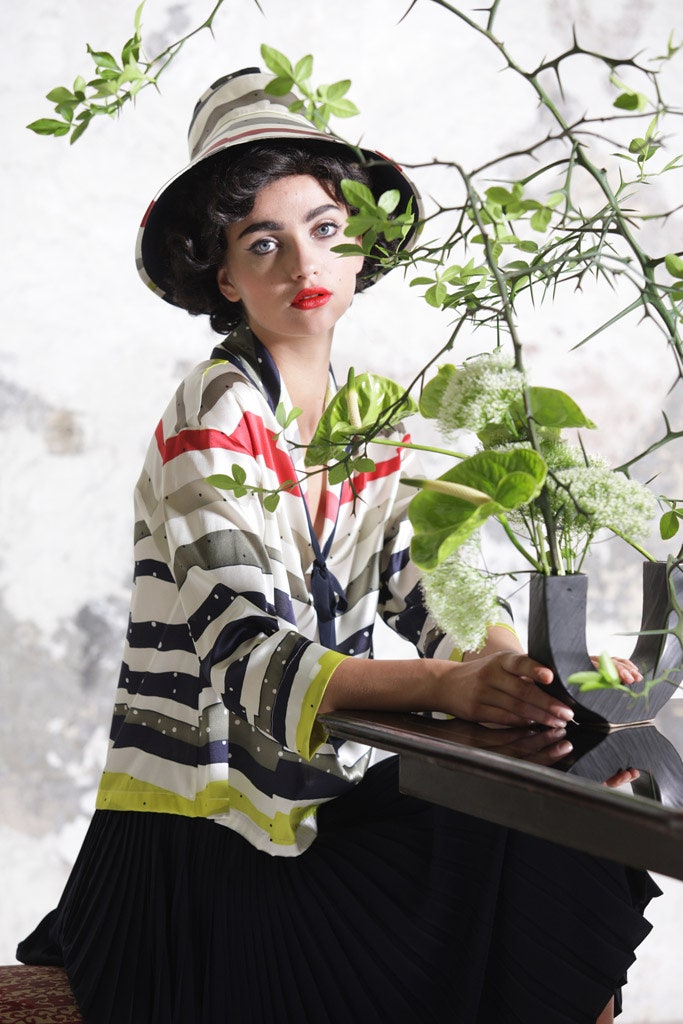 white silk long-sleeve collared relaxed striped blouse