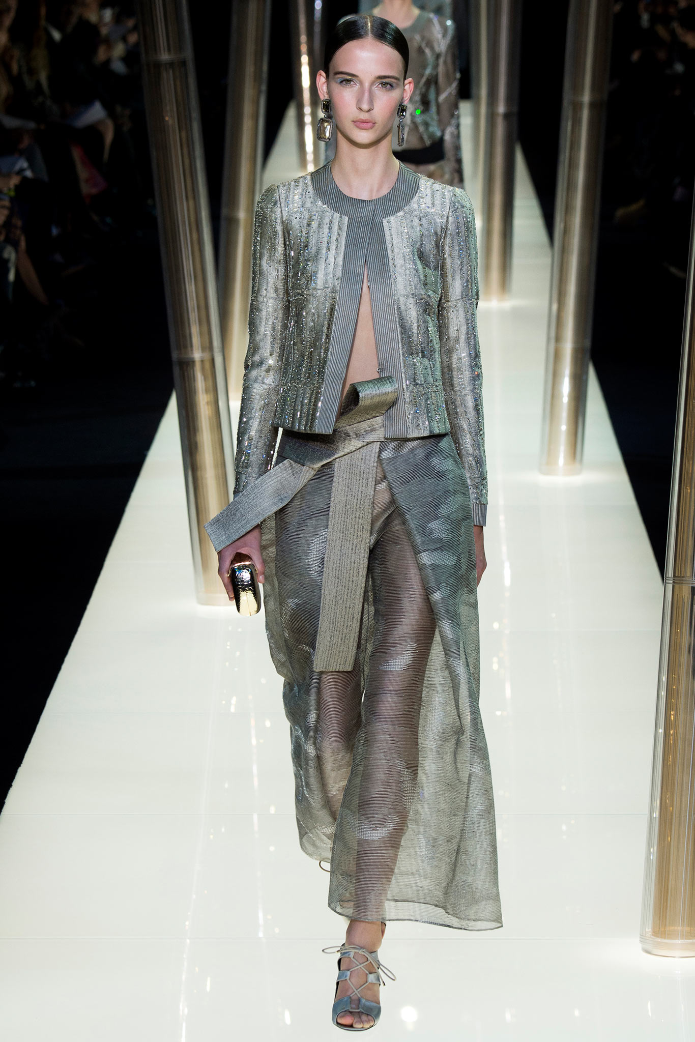 gray silk long-sleeve collared fitted embroidered shiny jacket