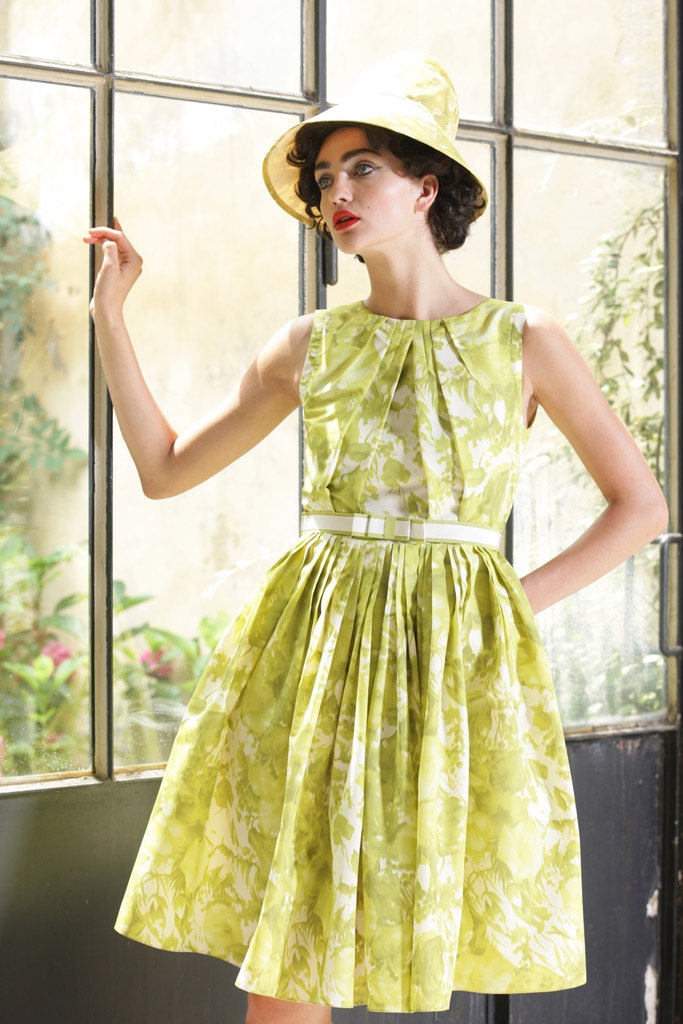 yellow pleated midi dress with hat