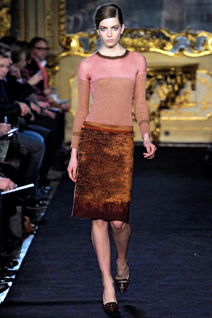 fitted pink silk top and brown midi skirt