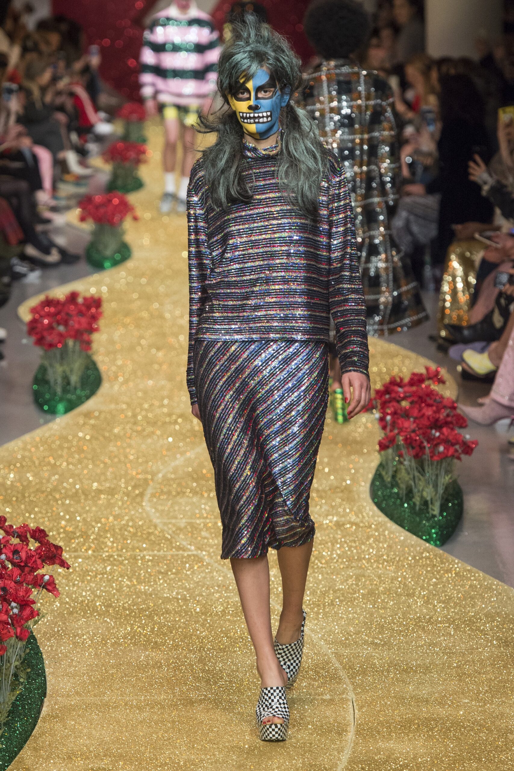 multi metallic fitted pencil shiny midi skirt