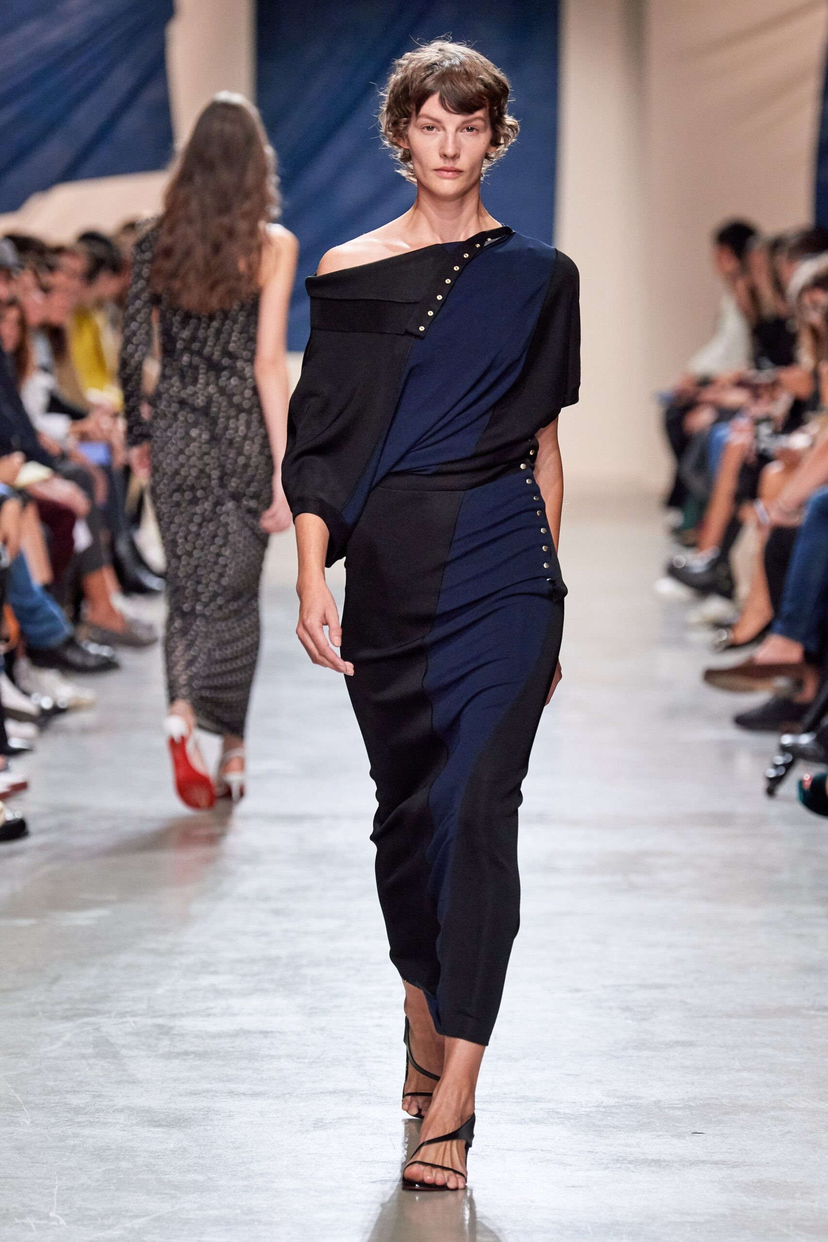 black and blue asymmetric dress