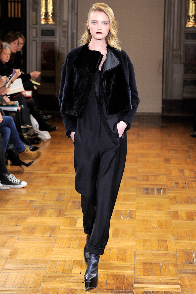 black relaxed jumpsuit with faux-fur jacket