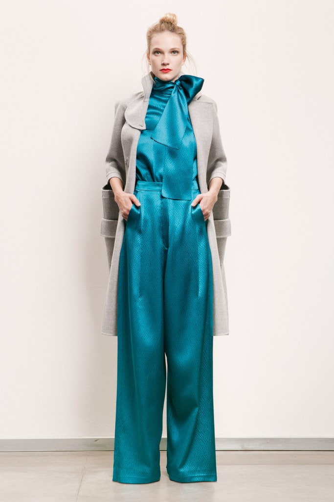 gray wool coat with teal silk top and pants