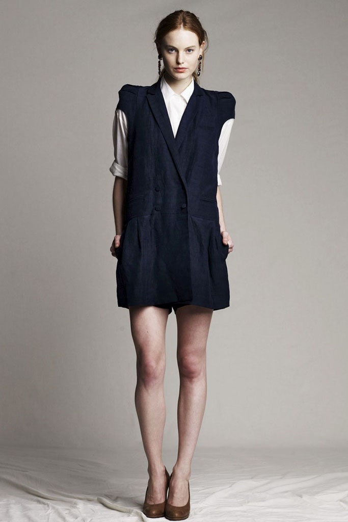 blue cotton sleeveless collared fitted buttoned a-line dress