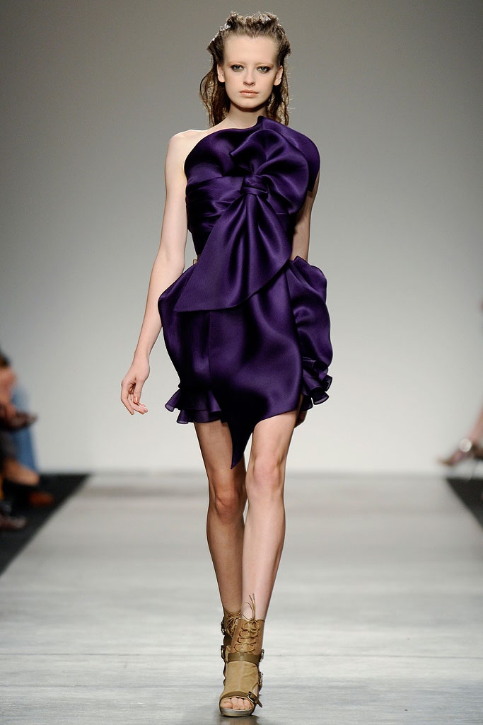 purple silk sleeveless off-shoulder fitted draped ruffled dress