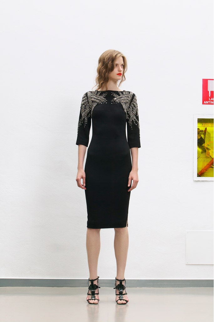black fitted midi dress with embellishments