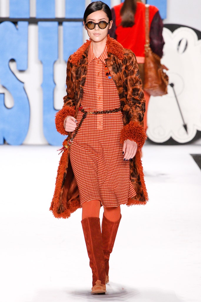 brown fur coat red checkered dress
