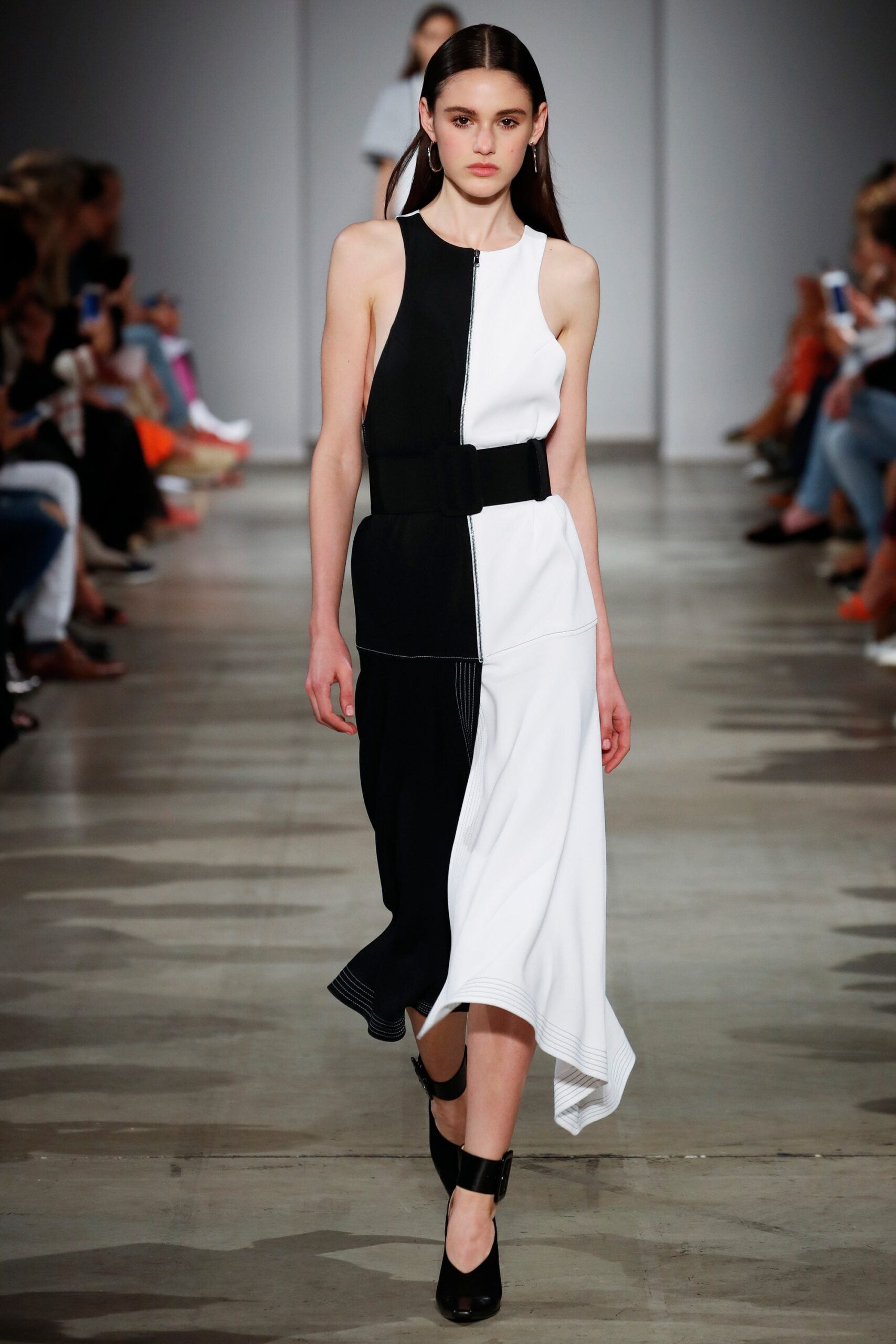 black and white color-blocked midi dress