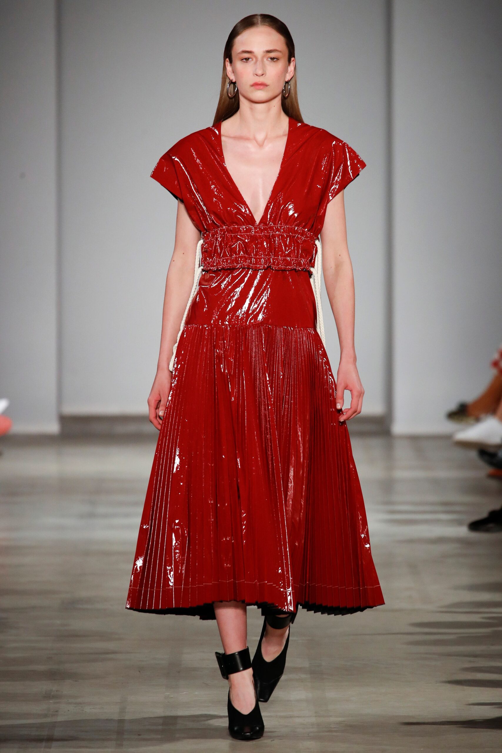 fitted red vinyl midi dress