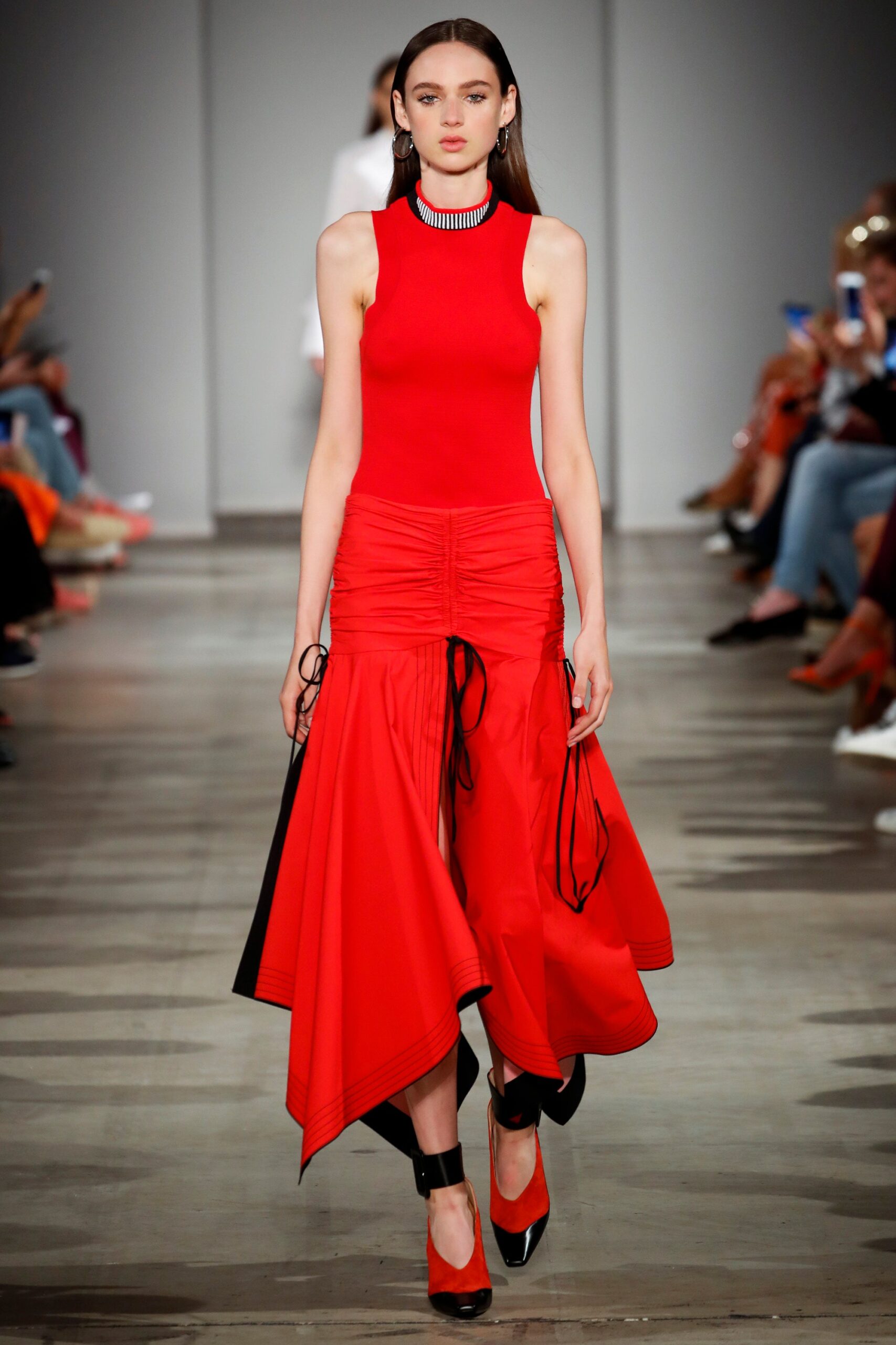 red midi dress with asymmetric hem