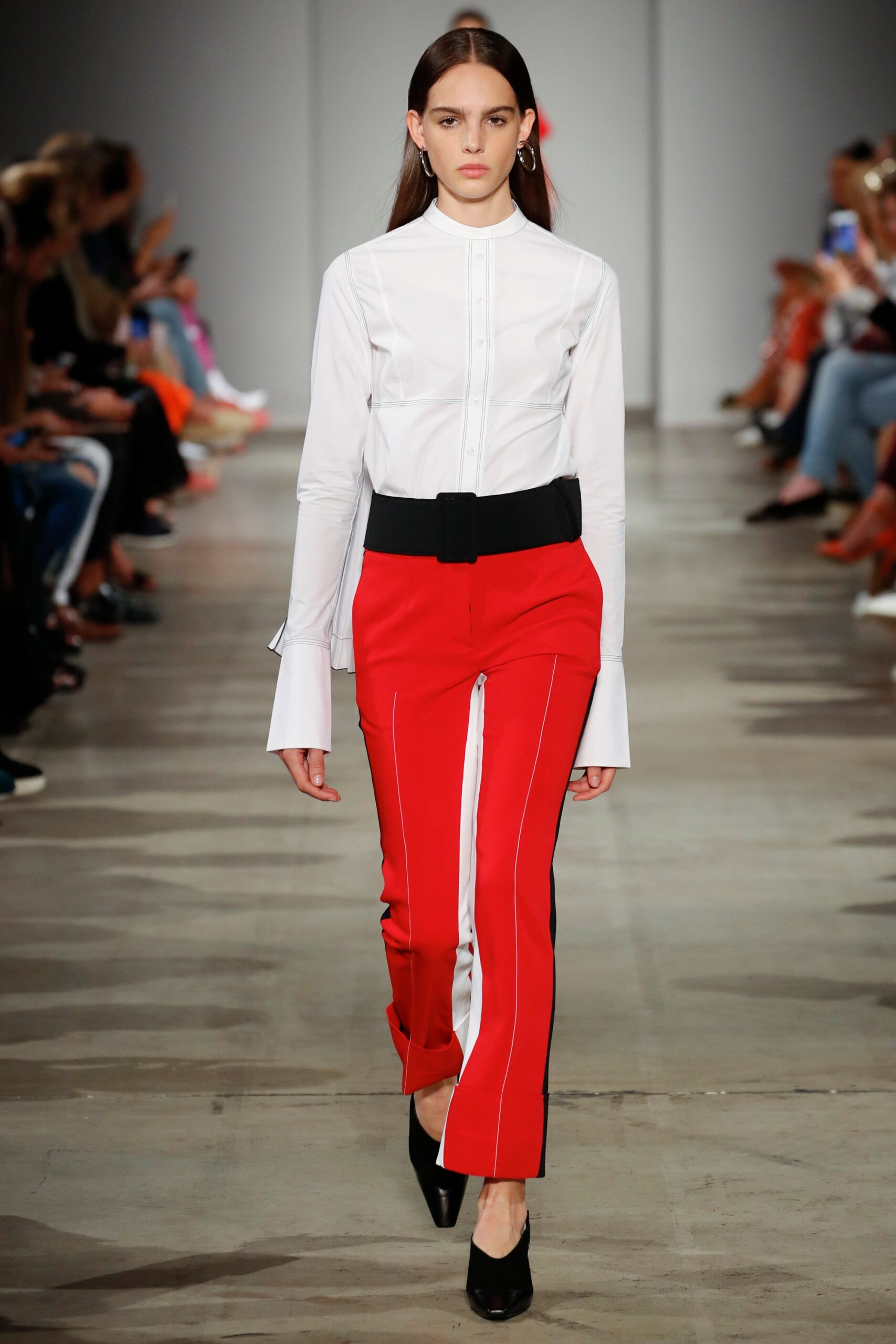 white fitted shirt red pants