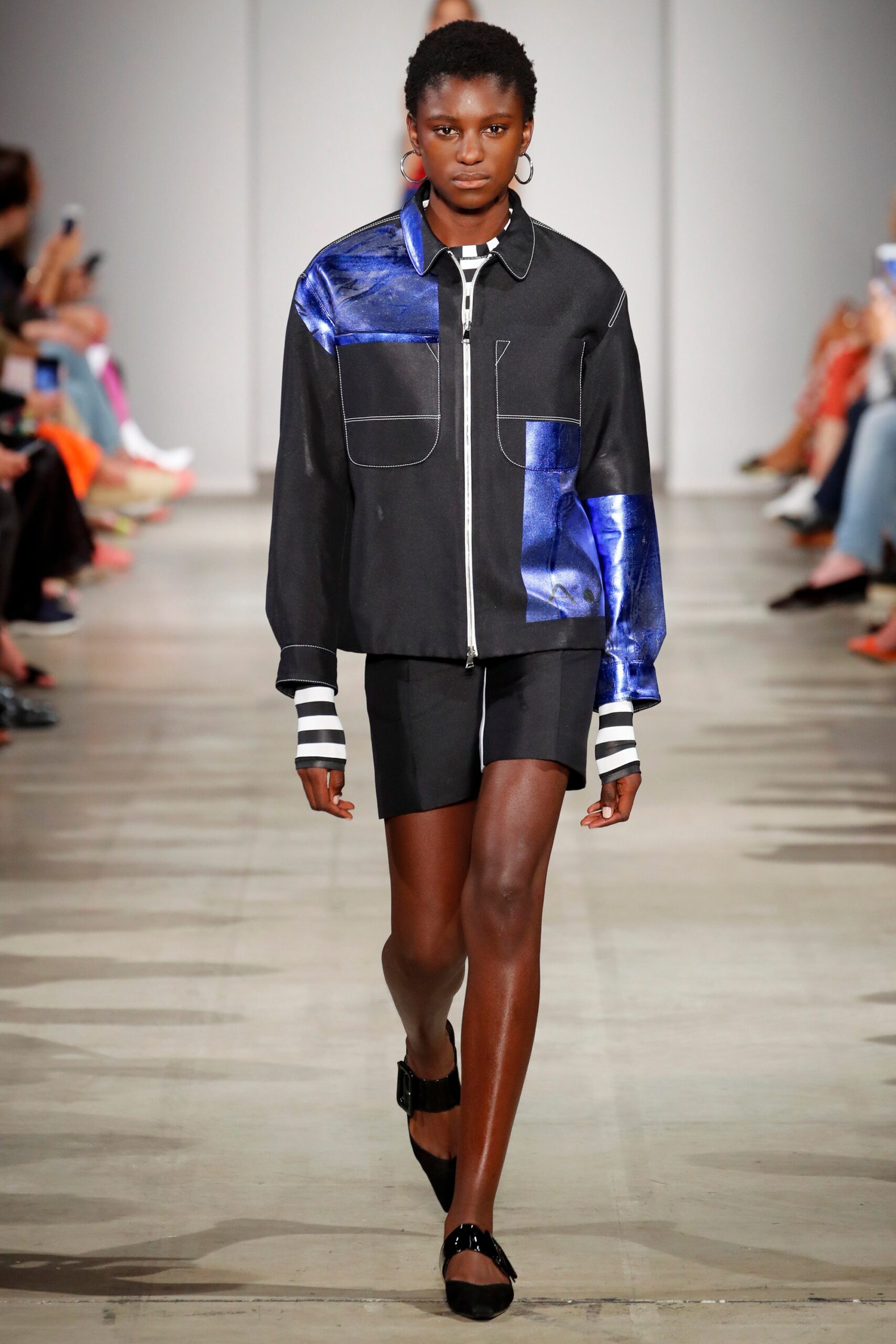 black and blue relaxed jacket with fitted shorts