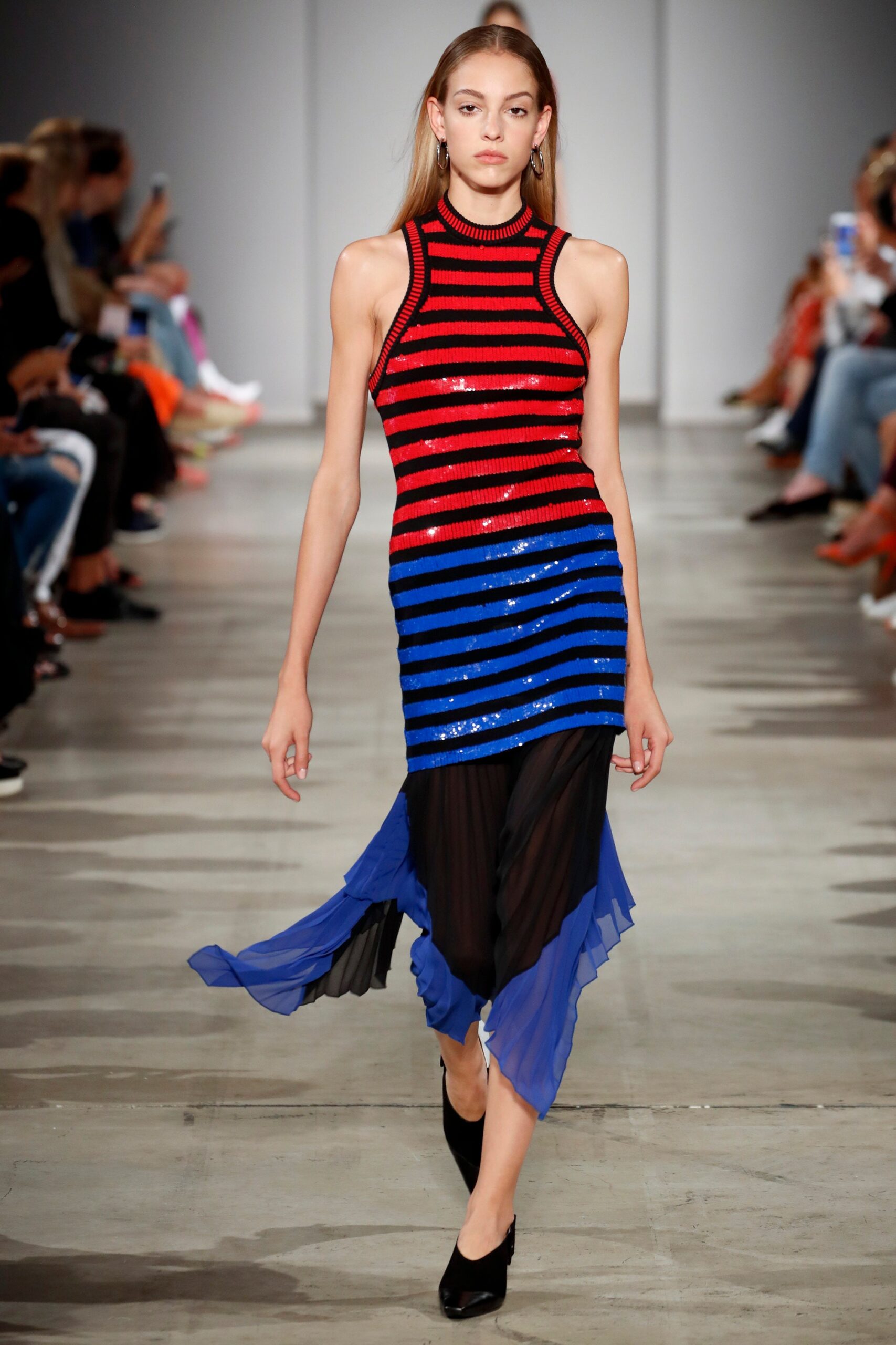 red and blue striped midi dress